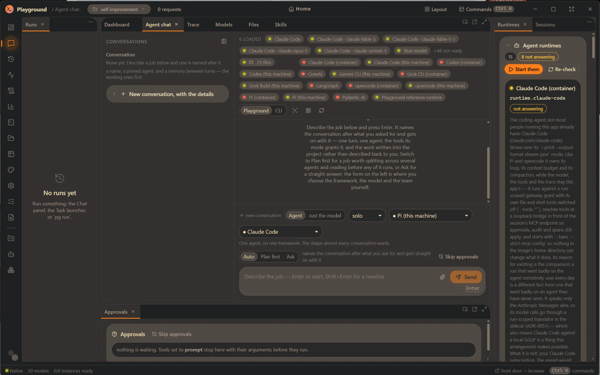 The Agent chat panel: a conversation composer with Agent or Just-the-model, a framework picker, Auto / Plan first / Ask, the loaded models and runtimes above, and the Runtimes panel beside it