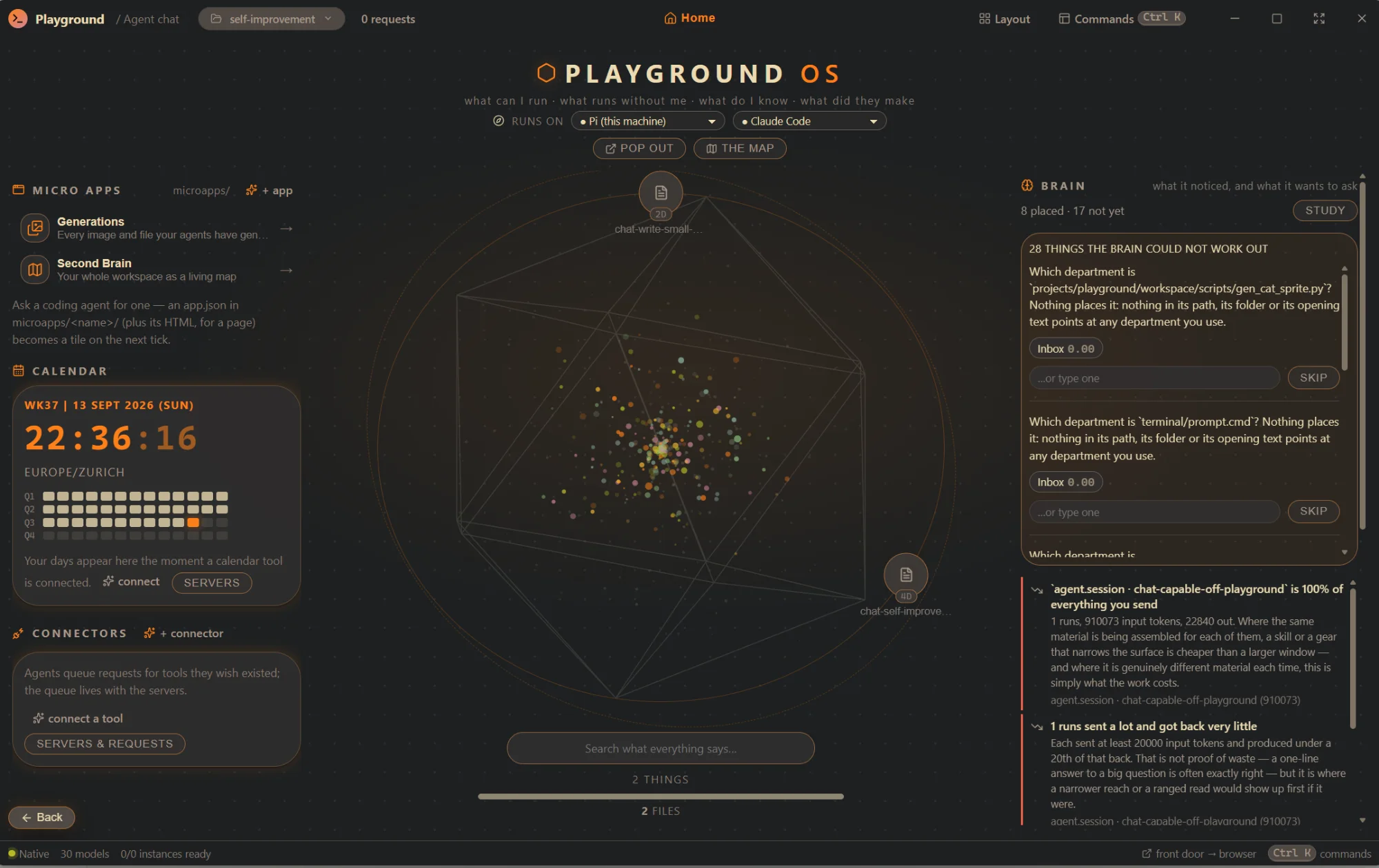 Playground's front door: a wheel of every artifact in the centre, micro-apps, the calendar and connectors on the left, and the brain's questions and notes on the right